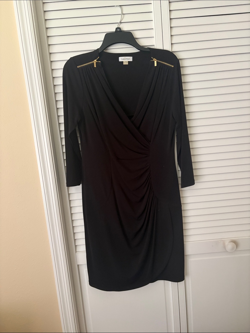 Calvin Klein Black Long-Sleeve Ruched V-Neck Dress with Gold Zips